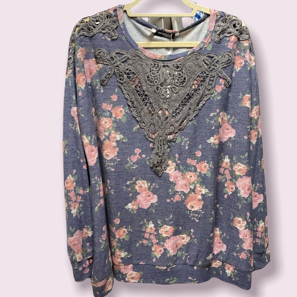 Angela Plus blouse pullover lace cut outs floral print 3/4” sleeve size XXL NWT